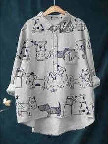 Women's Casual Cartoon Puppy Pattern Button-Up Shirt