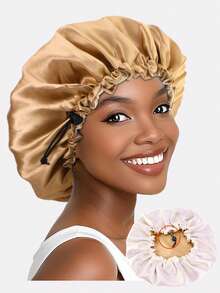 1pc Women's Double Layer Satin Sleep Cap, Beauty Hair Salon Cap, Chemo Cap, With Adjustable Strap, Suitable For Daily Use - Khaki - View 5