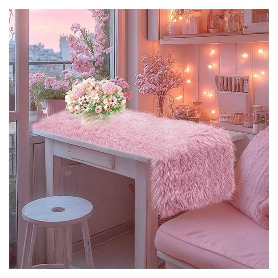 Pink Table Runner 36 Inch, FluffyFur Dresser Runner For Bedroom Nightstand, Pastel Pink Table Scarf For Coffee Table, Wedding Decor - Multicolor 601 - View 1