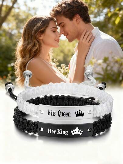 suteyi Two Pieces Couple Bracelet Set, Hypoallergenic Stainless Steel Engraved Couple Bracelet, Stylish Adjustable Couple Jewelry, Valentine's Day Gift.