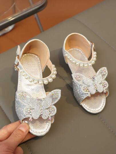 1 Pair Fashion Versatile Girls' Pearl & Rhinestone Bow Decor Cute Flat Sandals, Round Toe, Suitable For Daily Wear, Dancing, Outdoor, Decorated With Sequins, Closed Toe Princess Shoes, Spring And Autumn