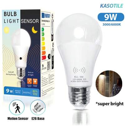 2pcs Kaso Tael Motion Sensor LED Light Bulbs, 9W (Equivalent To 60W), E26 Base, 6000K Cool White And 3000K Warm White Options, 85-265V AC, Motion Sensor Home Lighting Bulbs For Hallway, Patio And Staircase