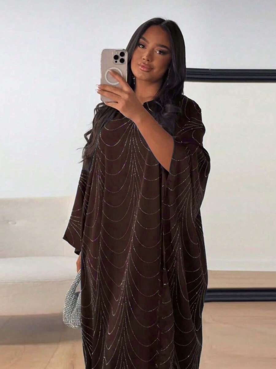 Áo choàng Cardigan Abaya đính đá rộng rãi thời trang mới xuân/hè 2025 dành cho nữ - màu nâu - Xem 1