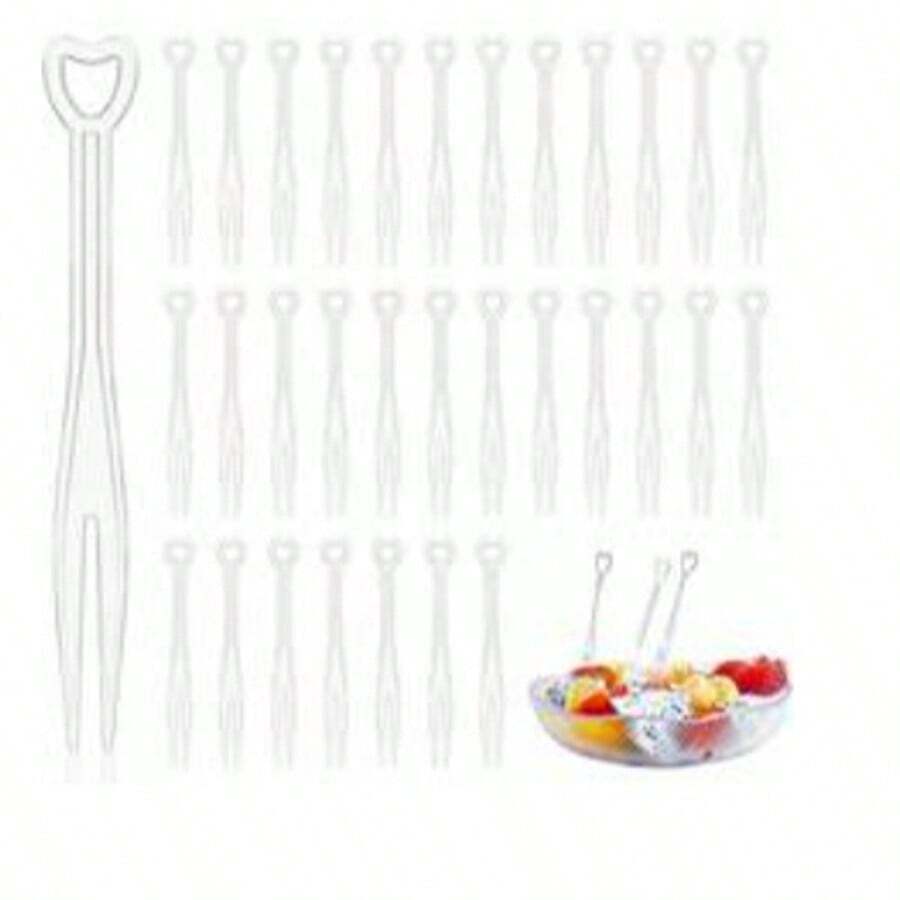 100pc Plastic Fruit Cake Forks, 100 Pieces, Transparent Heart-Shaped, Mini, Lightweight, Luxury Cocktail Forks, Decorative, For Appetizers, Desserts, Cheese, And Food Picks - White - View 1