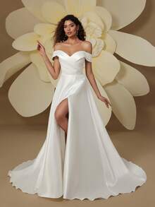 Minimalist Off-Shoulder Long Wedding Dress, Slit Design, Elegant Woven Fabric Bridal Gown