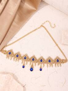 1pc Palace Style Bridal Metal Headchain, Teardrop Tassel Designed Forehead Chain For Women, Adjustable Length Multi-Wear As Necklace Valentine's Day Accessories - Head Chain - View 2