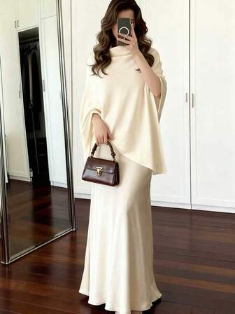 Women's Fashion Casual Oversized Comfortable Solid Color Long Sleeve V-Neck Sweater Pullover Layered Hooded Cape With Asymmetrical Hem And Batwing Sleeves Sweaters For Women Fall/Winter Clothes For Women