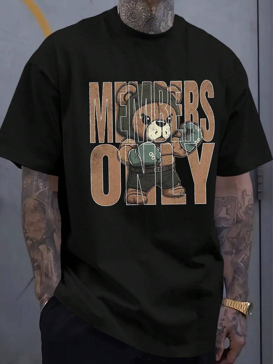 Men's Vintage "Members Only" Punch Bear Boxing Graphic T-Shirt - Loose Fit Streetwear Summer Tee With Retro Print, Short Sleeve Round Neck Casual Shirt - 白色 - 查看 1