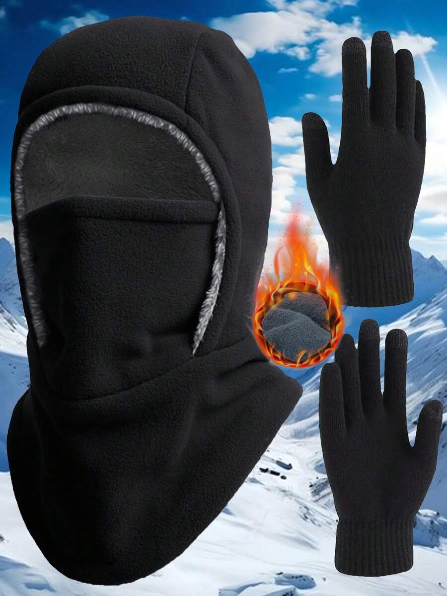3-Piece Winter Set With Deer Logo - Black Thermal Lined Knit Hat, Scarf & Touchscreen Gloves | Windproof & Thermal Polyester Accessories For Skiing, Cycling & Outdoor Sports | Casual Fall & Winter Essential Bundle Vacation Outfits - Multicolor - View 1