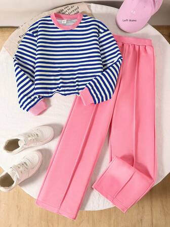 Left Mama 2pcs Tween GirlsCasual Striped Long Sleeve Top And Wide Leg Pants Set, Spring/Autumn