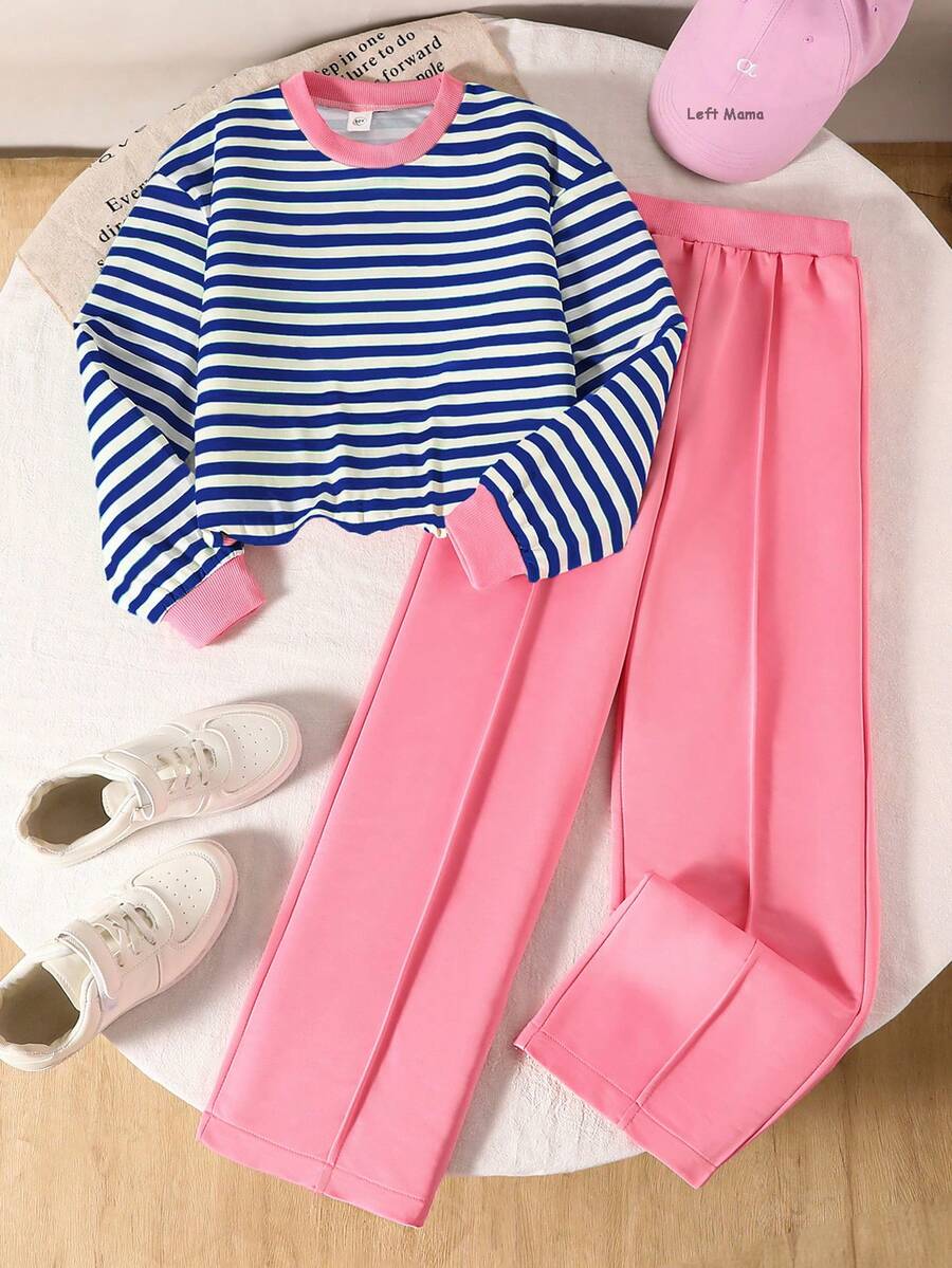 Left Mama 两件套少女休闲条纹长袖上衣和阔腿裤套装，春秋季 - 藍色 - 查看 1