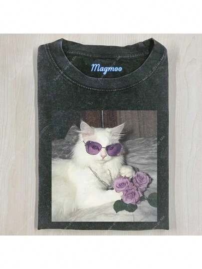 1 Pieza Camiseta de Hombre 230 de Algodón Puro Pesado Lavado, Camiseta Elegante de Gato, Estilo de Calle Básico Suelto Hip-Hop, Regalo de Vacaciones, Lavable a Máquina, Unisex