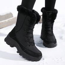 新款冬季女款毛絨加厚雪地靴，零度以下舒適保暖，厚羊羔毛滑雪靴，耐用戶外登山靴 - 黑色 - 查看 14