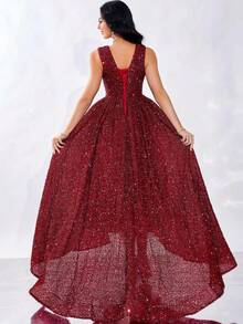 Women's Sleeveless Sequin Wedding Maxi Dress, Heavily Sequined Train, Party Evening Gown, Christmas Dress - Burgundy - View 2