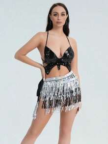 Bộ 2 váy tua rua sequin dây mảnh ngày lễ, trang phục biểu diễn múa bụng Latin, thích hợp cho lễ Halloween - Nhiều màu - Xem 21