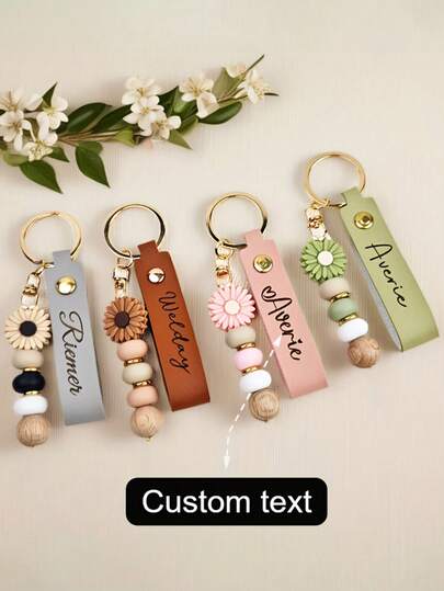 1pc Customizable Daisy Beaded Keychain With Personalized Text, Dates, Or Symbols - Light-Colored And Golden Beads, Lobster Clasp Closure, Elegant Gift For Women, Teachers, Birthdays, Christmas, Weddings, Valentine'S Day, Anniversaries - Durable Artificial Bead Keyring, Sentimental Keepsake