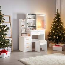 Vanity Desk With Mirror And Lights, 3 Lighting Modes, European Style Dressing Table With Drawers, With Open Storage Shelves,Makeup Vanity Table For Bedroom,Gifts For Girls And Women - Xem 6