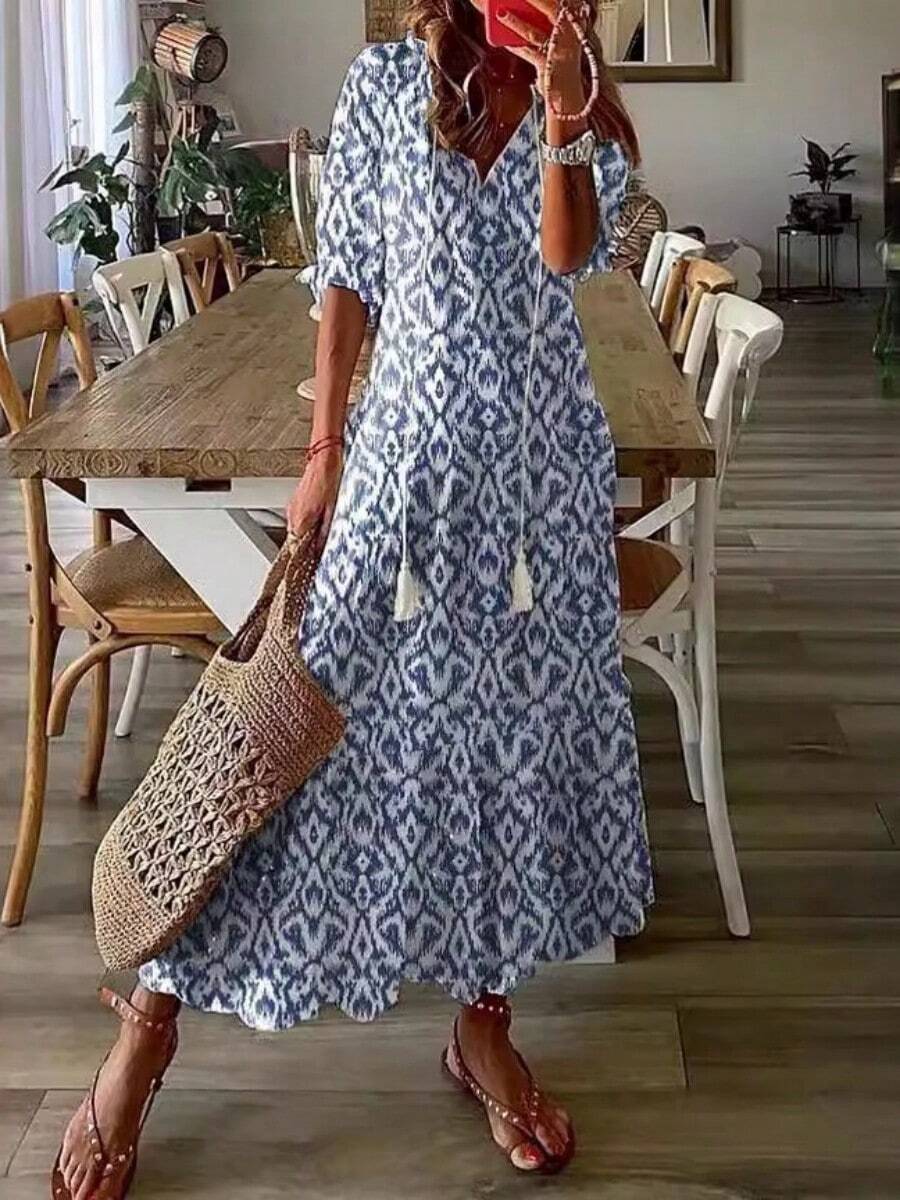 Bohemian Print Floor-Length Maxi Dress - Women's V-Neck Ruffled Sleeves Tassel Tie Flowing Hem Summer Casual Holiday Dress - 藍色 - 查看 1