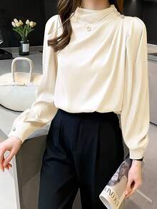 女士休闲轻便通勤翻领褶皱设计泡泡袖长袖衬衫，春秋季 - 杏色 - 查看 5