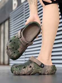 男士镂空套脚凉鞋，棕榈树图案，包头设计，加厚EVA软底，透气防滑，宽松两穿，适合户外、海滩、通勤等多种场合，卡其绿色，夏季拖鞋 - 卡其色 - 查看 6