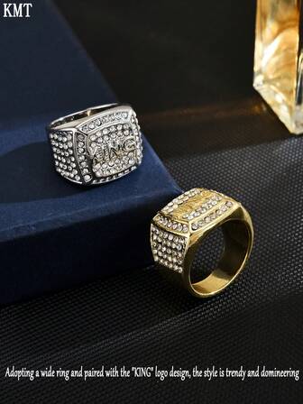 KMT 1pc Copper Alloy Glass Inlay Creative English Letter Hip Hop Style KING Men's Fashion Ring
