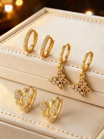 1 pereche elegantă cercei rotunzi cu fluture, placați cu aur de 18K, din cupru, zirconiu artificial, potriviți pentru purtarea zilnică a femeilor, cadou pentru prietene de sărbători și zile de naștere