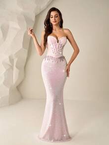 Novo vestido de noite formal sem alças, sexy e elegante, estilo sereia, com lantejoulas, missangas e franjas, adequado para festa de aniversário, receção de casamento, jantar formal, evento de tapete vermelho, gala, baile de caridade de luxo - Baby Rosa - Ver 5