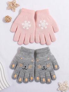 2 Pairs Kids Snowflake + Cat Face Printed Knitted Fingerless Gloves Set, Suitable For Daily Warmth And Cold Protection In Winter - Multicolor - View 3