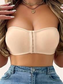 Women's Front Closure Strapless Bralette, Solid Color Seameless Wire-With Removable Pads Soft Breath Comfort Fit Non Slip Four Season Series Lingerie And Underwear - 杏色 - 查看 10