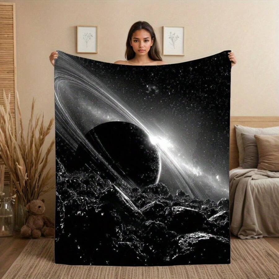 1pc Space Planet Rings Flannel Throw Blanket - 280GSM Heavyweight &'S Rings Design, Soft Cozy Polyester All-Season Blanket Couch, Bed, Travel, Camping - Washable Retro Home Decor Astronomy Lovers - 彩色 - 查看 1