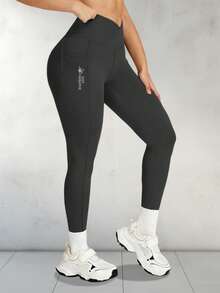 大码女式高腰收腹瑜伽裤，休闲运动紧身裤，带口袋，交叉绑带设计，适合锻炼、跑步、训练 - 黑色 - 查看 7