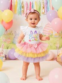 3件套女婴复活节套装，可爱复活节兔子和彩蛋图案，短袖连体衣+裙子+发饰套装，派对礼服 - 白色 - 查看 11