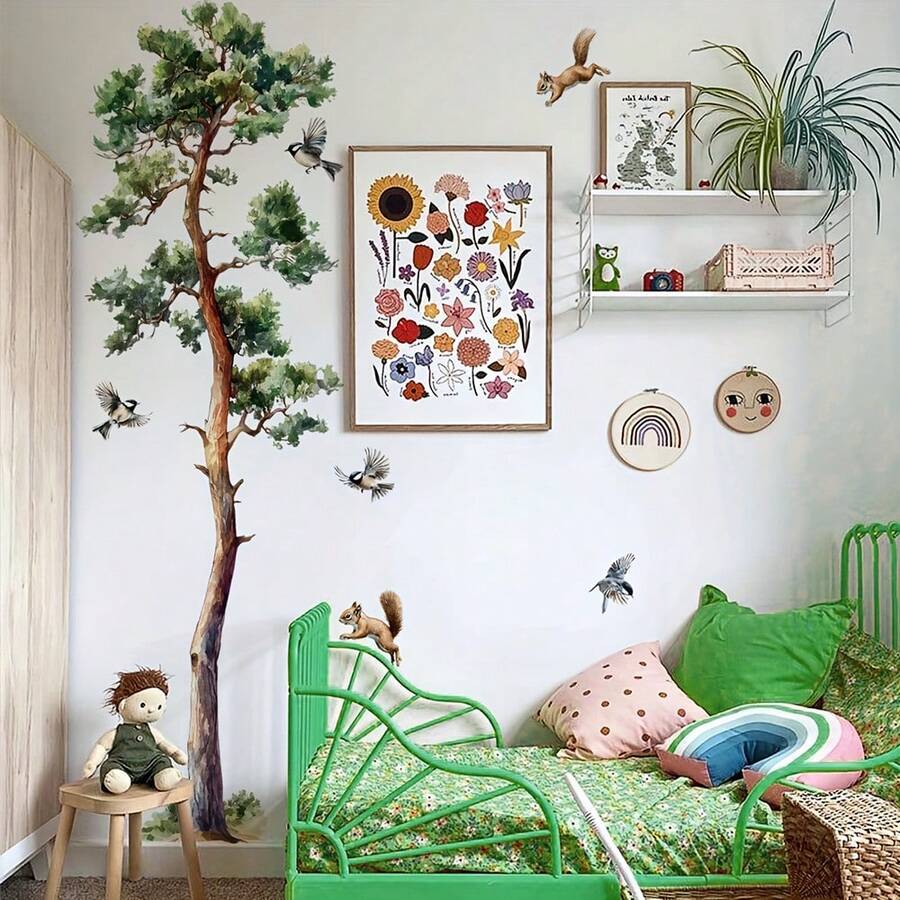 一套大型树鸟墙贴，适用于卧室、客厅，丛林森林松树动物林地墙贴，家居装饰 - 彩色 - 查看 1