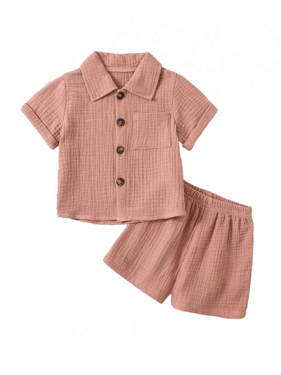 Toddler 2Pcs Summer Outfits, Short Sleeve Button Down Lapel Shirt + Shorts Set Baby Clothes - Rose Red - View 1