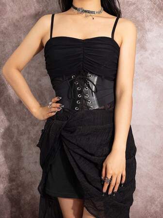 1pc Women's Street Style Black X-Shape Cinched Waist Wide Belt With Zipper And Drawstring, Elastic Waistband Suitable For Daily Commute Or Street Style Outfit