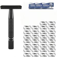 Maquinilla de afeitar manual de doble filo de acero inoxidable para hombres, mango antideslizante y duradero, reemplazo rápido de cuchillas tipo mariposa, incluye estuche para almacenar las cuchillas - Plateado - Ver 15