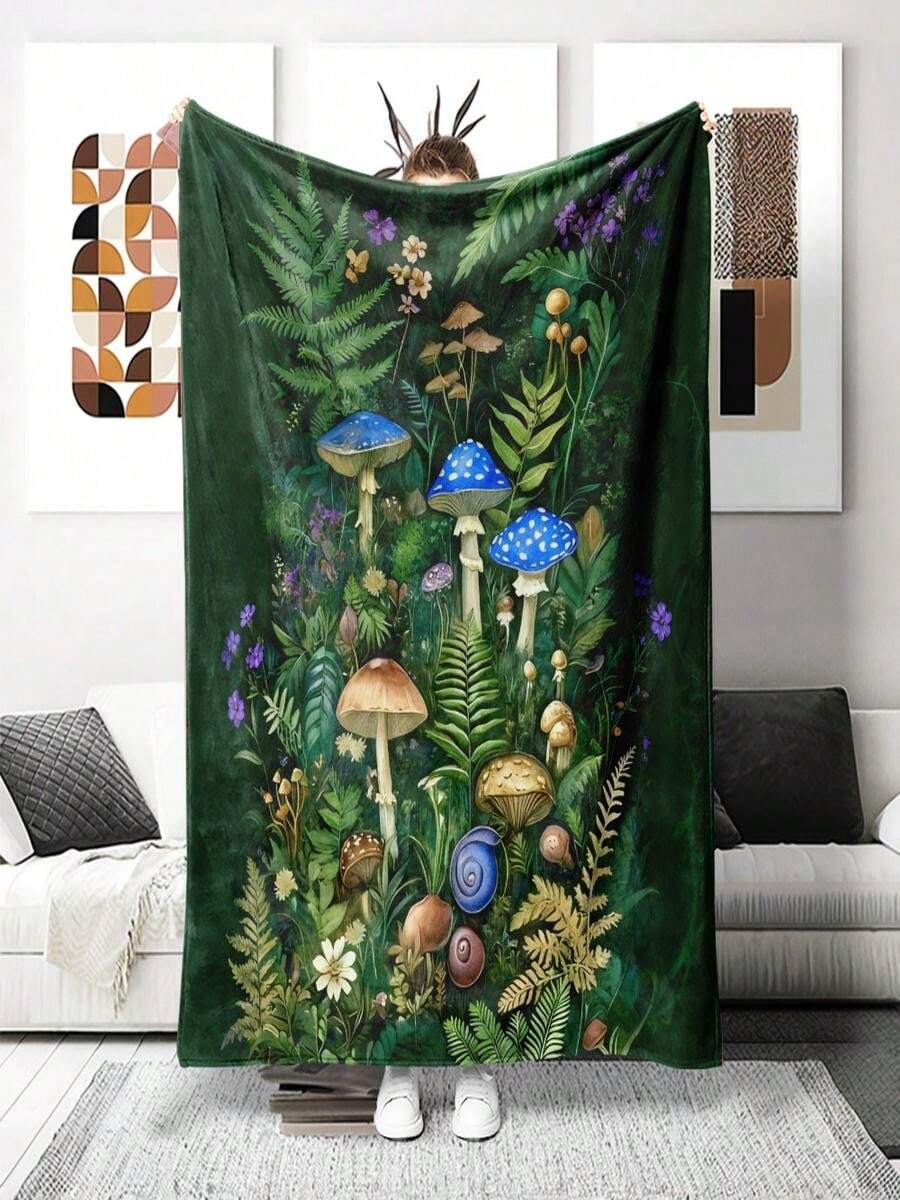 1 Magic Forest Mushroom Fern And Snail Print Flannel Blanket - Soft Green Leaves With Blue And White Accents And Purple Violets - Lightweight All-Season Bedspread Suitable For Camping, Travel, And Bohemian Decor. - 白色 - 查看 1