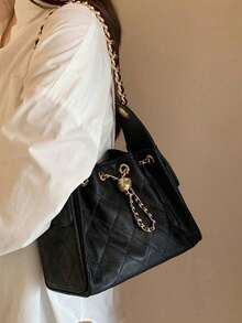 New Fashion Portable Bucket Bag Ins Style Niche Design Rhinestone Chain Underarm Bag Daily Leisure Versatile Simple Texture Solid Color Popular Highly Attractively Shoulder Bag Suitable For Commuting To Work, Shopping, Dating And Dinner - Black - View 4