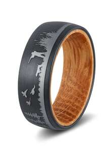 1pc 8mm-Wide Tungsten Carbide Trees Forest Hunting Dear Lasered Silver Black Whiskey Barrel Wood Ring For Wedding,Exquisite Men's Accessory Jewelry Ornament For Daily Wear For Banquet Party Holiday Birthday Anniversary Gift