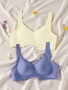 2pcs/Set Minimalist Comfortable Sports Bras For Women, Wireless, Solid Color - Multicolor - View 2