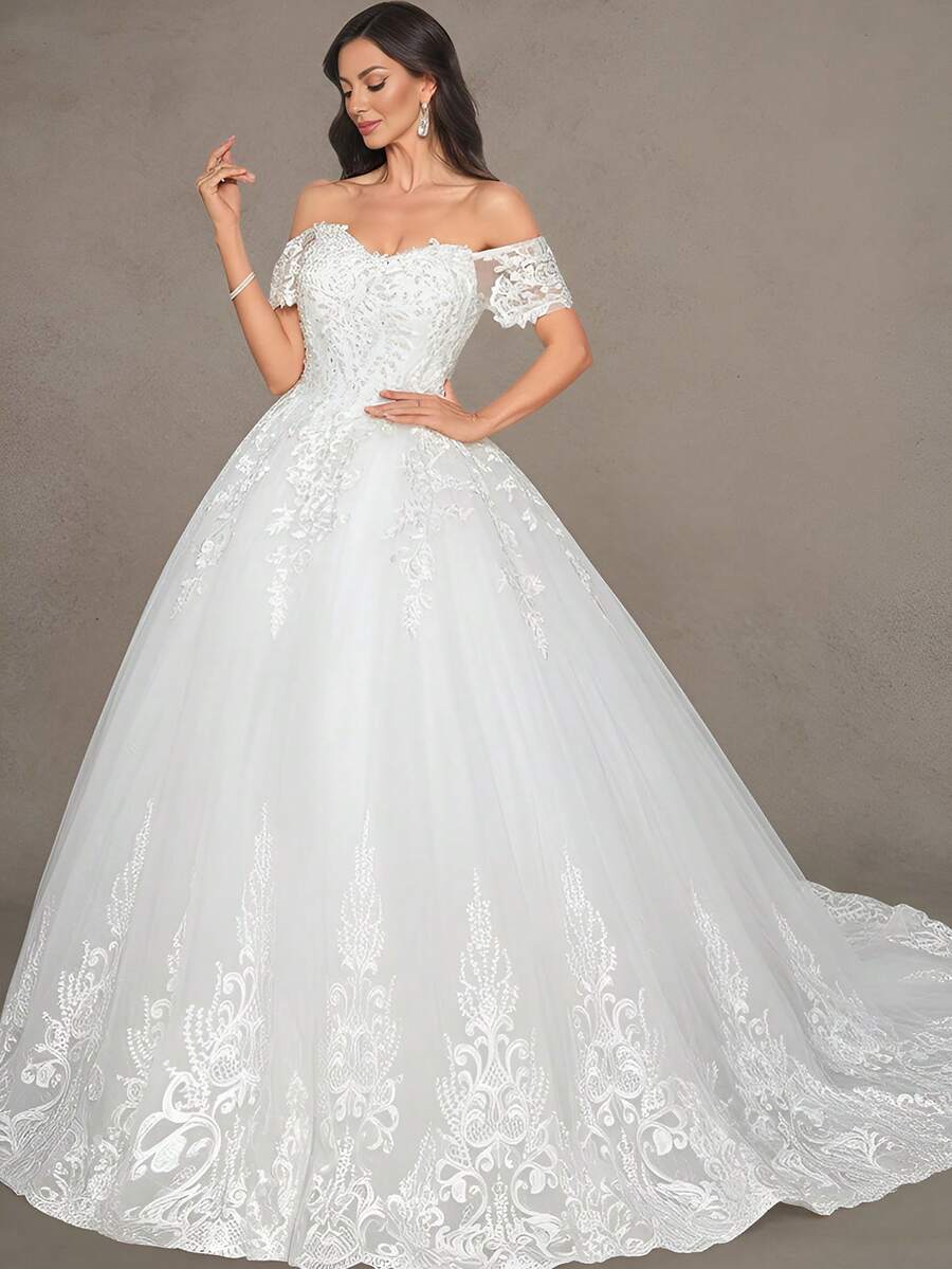 Women's Off-Shoulder Elegant White Lace Beaded Wedding Dress - White - View 1