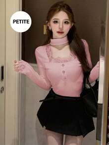 French Elegant Black Lace Long Sleeve T-Shirt, High-End Layering Top For Women, Spring - Pink - View 3