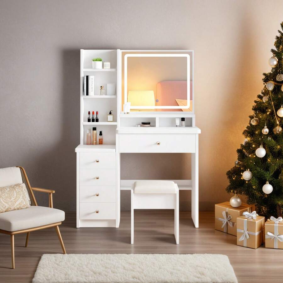 Vanity Desk Set With LED Lighted Mirror, 5 Drawers Makeup Vanity With Stool And Open Shelves, Vanity Mirror 3 Color Lighting Modes Adjustable For Bedroom, White - View 1