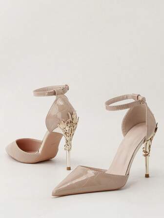 Elegant Women's Pointed Toe Metallic Floral Stiletto High Heel Sandals, Sexy Fashion Slip-On Pumps