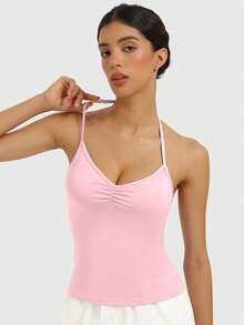 SUPEKYKO 女士可调节瑜伽上衣 - 交叉后背褶皱运动文胸，带可拆卸胸垫，适合健身/日常穿着 - 粉色 - 查看 7