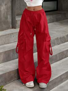 街头高腰翻盖口袋抽绳腰部弹性下摆褶饰休闲阔腿降落伞工装裤 Y2K 音乐节