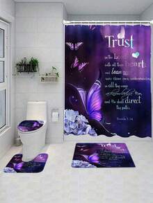 1/4pcs Purple Rose & Butterfly Floral Bathroom Curtain Set, Includes Anti-Slip Bath Mat, U-Shaped Toilet Lid Cover, Bathroom Rug