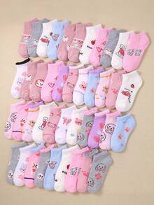 20 Pairs Girls Cute Pink Ankle Socks, Suitable For Daily Wear, With Heart & Rabbit Prints, Lace Trim, Breathable & Soft, (1-16 Years Old) - Multicolor - View 7