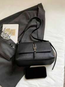 时尚休闲纯色方形翻盖包（不含配件），适合大学课堂、通勤、工作、办公室、节日、度假、聚会、旅行等场合。专为女性设计，适合职场新人、白领、青少年、大学生和年轻女孩。 - 黑色 - 查看 8