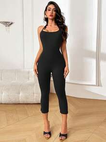 WOWDARK Women's Solid Color Halter U-Neck Backless Jumpsuit For Winter - 黑色 - 查看 2